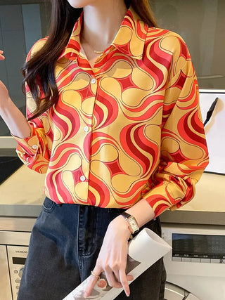 Graphic Print Button Front Shirt, Versatile Long Sleeve