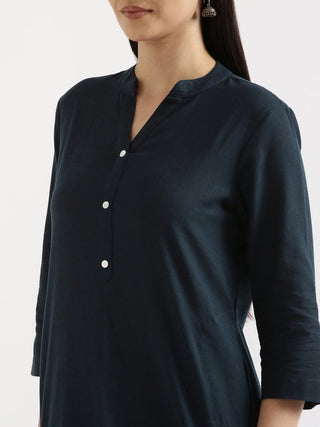 Navy Blue Airy Linen Long Kurta