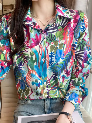 Floral Print Button Front Shirt, Casual Long Sleeve