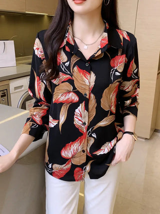 Leaves Print Button Front Shirt, Casual Collar Long Sleeve