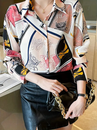 Graphic Print Button Front Shirt, Casual Long Sleeve