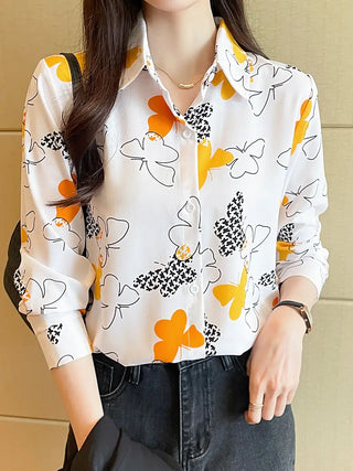 Butterfly Print Button Down Shirt, Vintage Long Sleeve