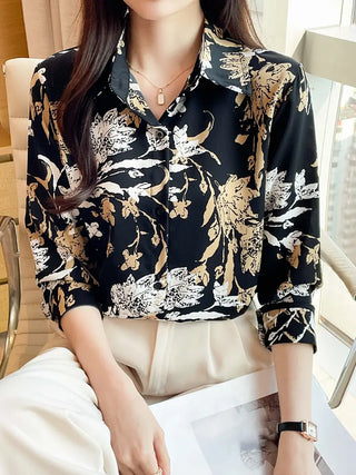 Floral Print Button Front Shirt, Elegant Long Sleeve