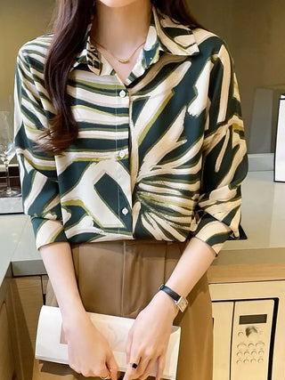 Graphic Print Button Front Shirt, Elegant Long Sleeve