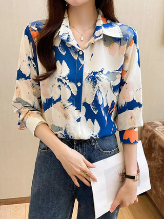 Floral Allover Print Button Up Blouse, Long Sleeve