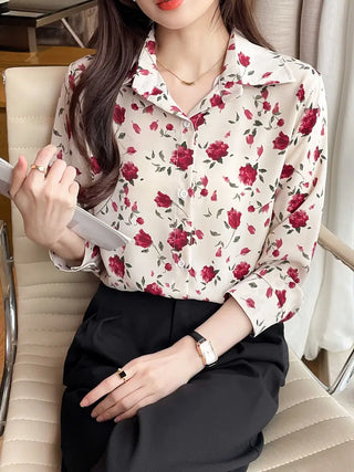 Floral Print Button Front Shirt, Casual Long Sleeve