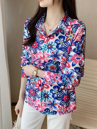 Floral Print Button Front Shirt, Casual Collar Long Sleeve