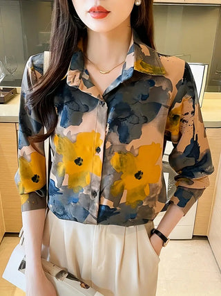 Floral Print Polo Collar Button Shirt, Casual Long Sleeve