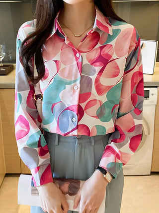 Allover Print Button Front Shirt, Casual Cuff Sleeve