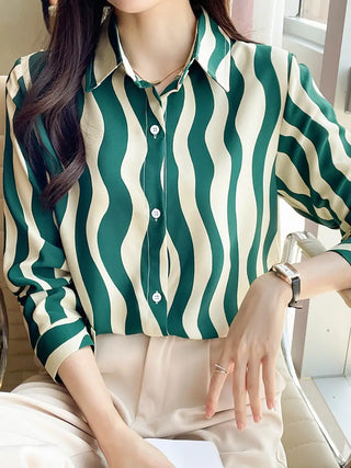 Stripe Print Button Front Shirt, Casual Cuff Sleeve