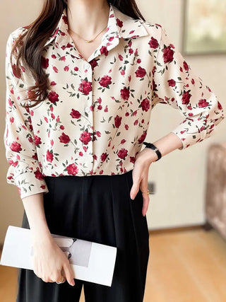 Floral Print Button Front Shirt, Casual Long Sleeve