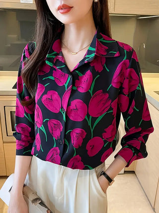 Floral Print Button Front Shirt, Casual Long Sleeve