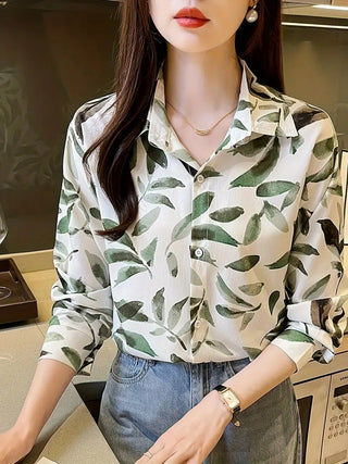 Leaves Print Button Down Shirt, Vintage Long Sleeve