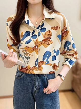 Colorblock Graphic Print Button Shirt, Elegant Polo Collar Long Sleeve