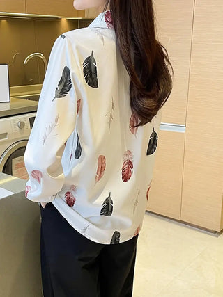 Feather Print Button Front Shirt, Elegant Long Sleeve