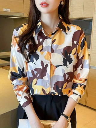 Allover Print Button Front Shirt, Casual Cuff Sleeve