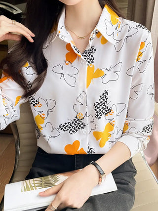 Butterfly Print Button Down Shirt, Vintage Long Sleeve