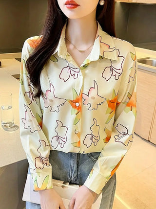 Floral Print Polo Collar Button Shirt, Casual Long Sleeve