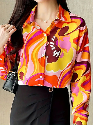 All Over Print Polo Collar Button Shirt, Casual Long Sleeve