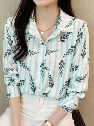 Plant & Stripe Print Button Front Shirt, Casual Collar Long Sleeve