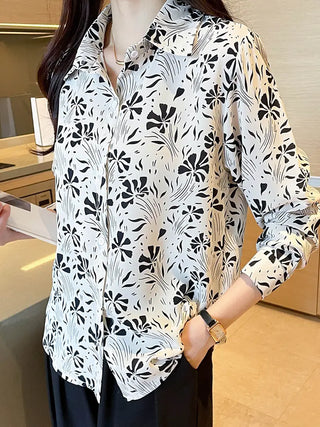 Abstract Flower Print Shirt, Vintage Long Sleeve