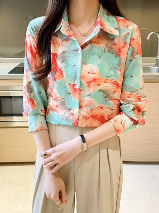 Abstract Print Button Down Shirt, Vintage Long Sleeve