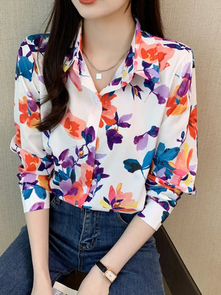 Floral Print Button Front Shirt, Casual Lapel Long Sleeve