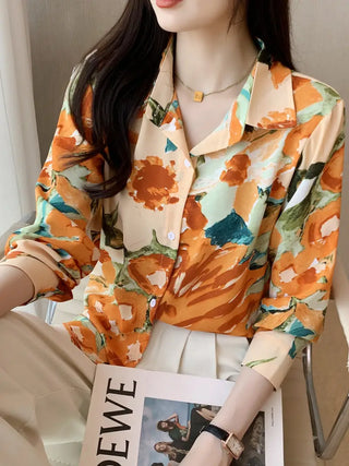 Floral Print Button Front Shirt, Casual Collar Long Sleeve