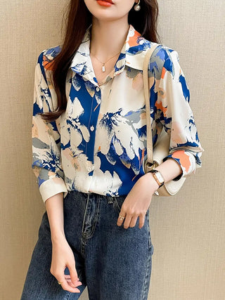 Floral Allover Print Button Up Blouse, Long Sleeve