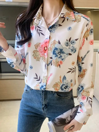 Floral Print Polo Collar Shirt, Casual Long Sleeve