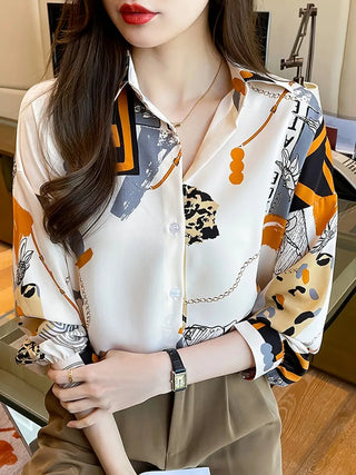 Graphic Print Button Down Shirt, Vintage Long Sleeve