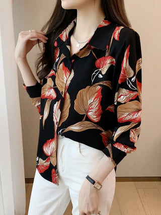 Leaves Print Button Front Shirt, Casual Collar Long Sleeve