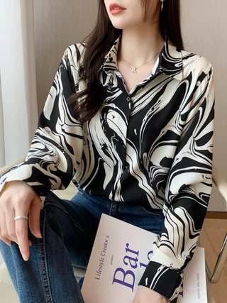 Graphic Print Button Front Shirt, Casual Long Sleeve