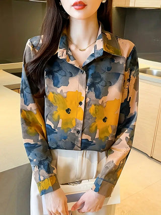 Floral Print Polo Collar Button Shirt, Casual Long Sleeve