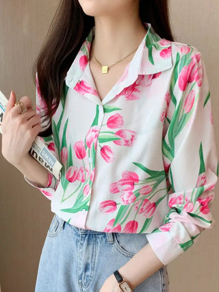 Floral Print Button Front Shirt, Casual Long Sleeve