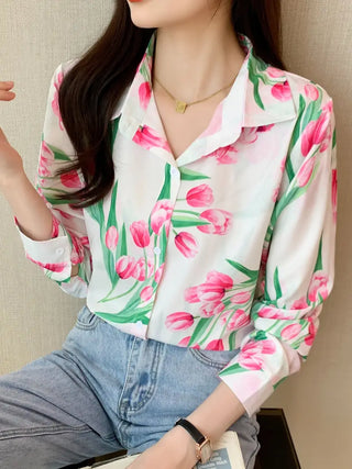 Floral Print Button Front Shirt, Casual Long Sleeve