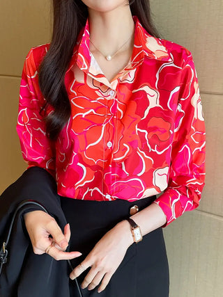 Floral Print Button Front Shirt, Casual Cuff Sleeve