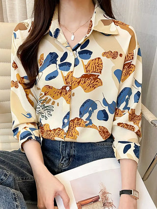 Colorblock Graphic Print Button Shirt, Elegant Polo Collar Long Sleeve