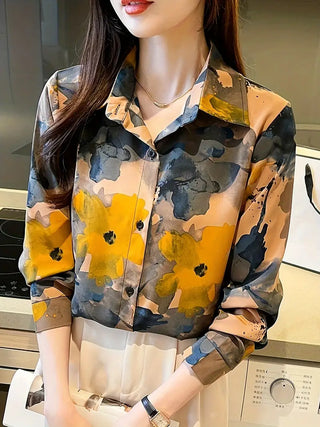 Floral Print Polo Collar Button Shirt, Casual Long Sleeve