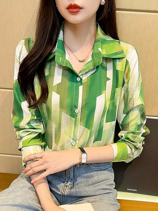 Gradient Print Polo Collar Button Shirt, Casual Long Sleeve