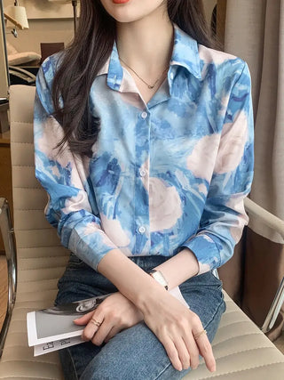 Tie Dye Print Polo Collar Shirt, Casual Long Sleeve