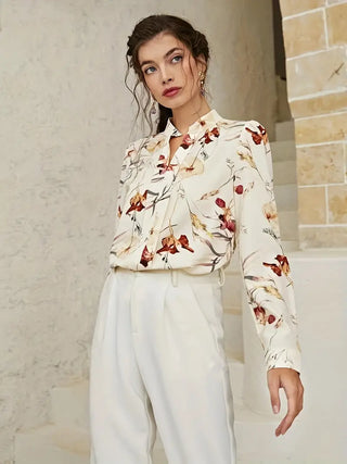 Floral Print Notched Neck Blouse, Elegant Long Sleeve