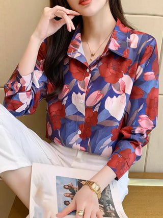 Floral Print Button Front Shirt, Elegant Collar Long Sleeve