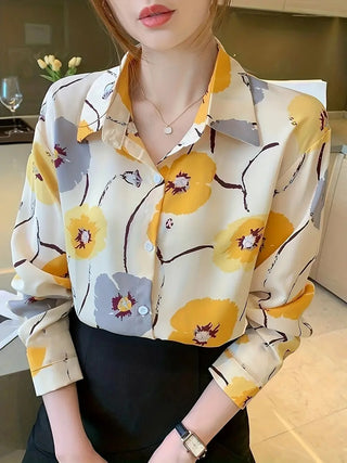 Floral Print Button Front Shirt, Casual Turn Down Collar Long Sleeve