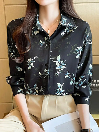 Floral Print Button Front Shirt, Elegant Long Sleeve