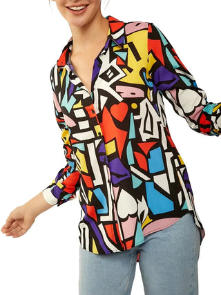 Geometric Graphic Print Blouse, Long Sleeve