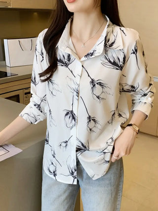 Floral Print Button Front Shirt, Casual Simple Long Sleeve