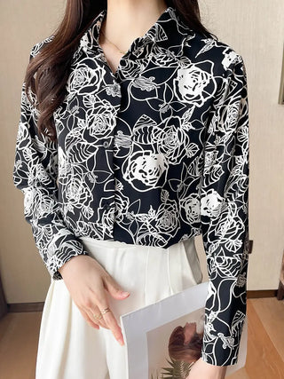 Abstract Flower Print Button Front Shirt, Casual Cuff Sleeve