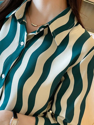 Stripe Print Button Front Shirt, Casual Cuff Sleeve