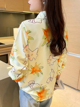 Floral Print Polo Collar Button Shirt, Casual Long Sleeve